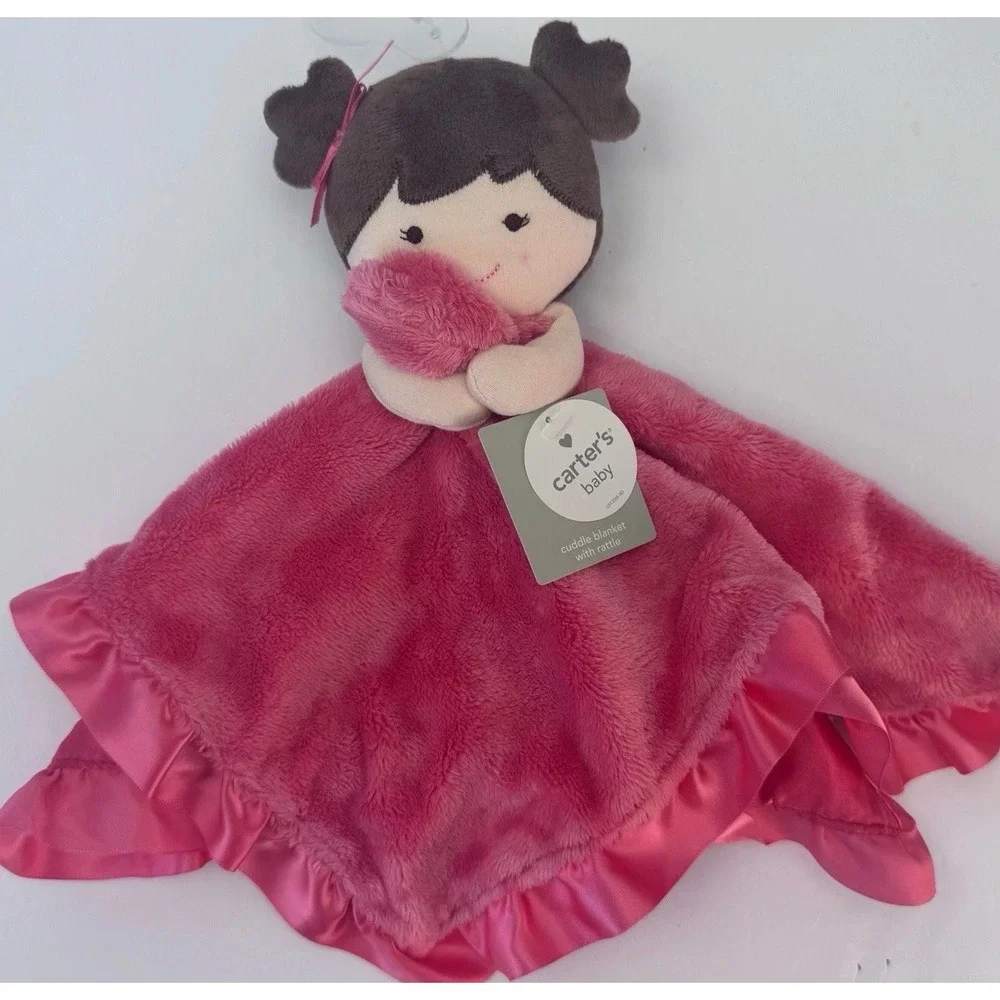 Pink Security Blanket by Carters Rattle Doll Silky Lovey Baby Brown Hair Gift
